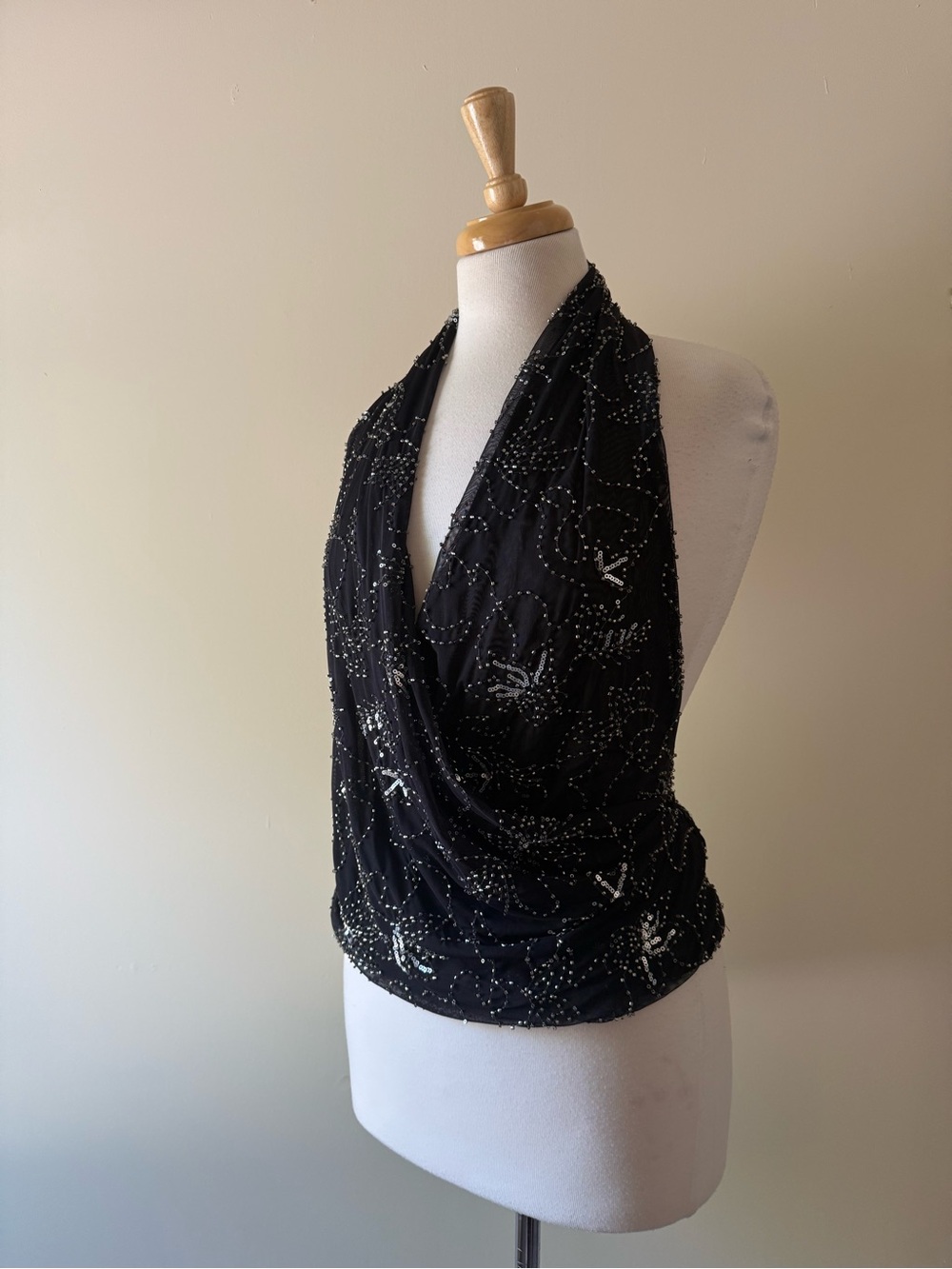 Zara Black Sequin Beaded Halter Cowl Backless Top Size S BNWOT